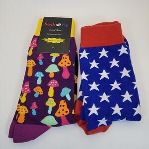 2 Pair of Sock Fly Mushroom Print & USA Stars Work Dress Socks Bundle Mens 8–12
